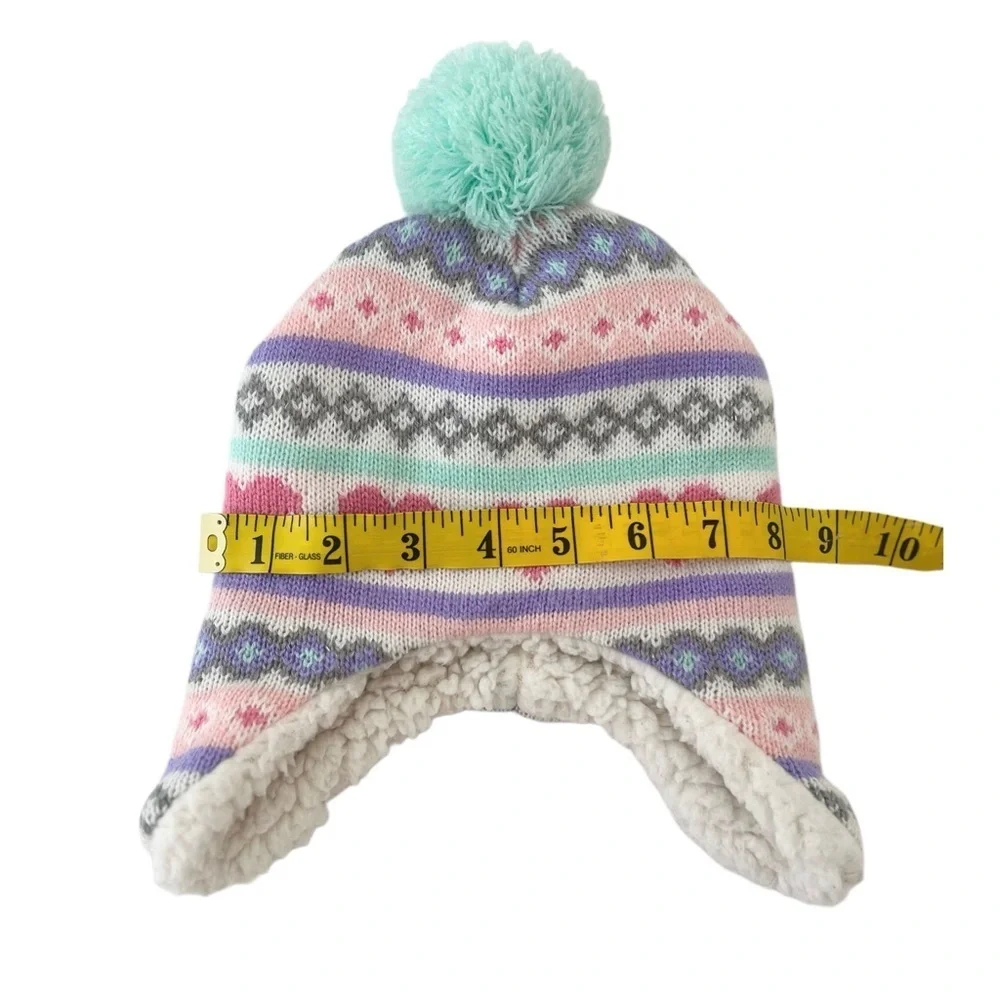 Addie & Tate Cozy Heart Patterned Pink & Mint Pom-Pom Hat | Toddler Girls